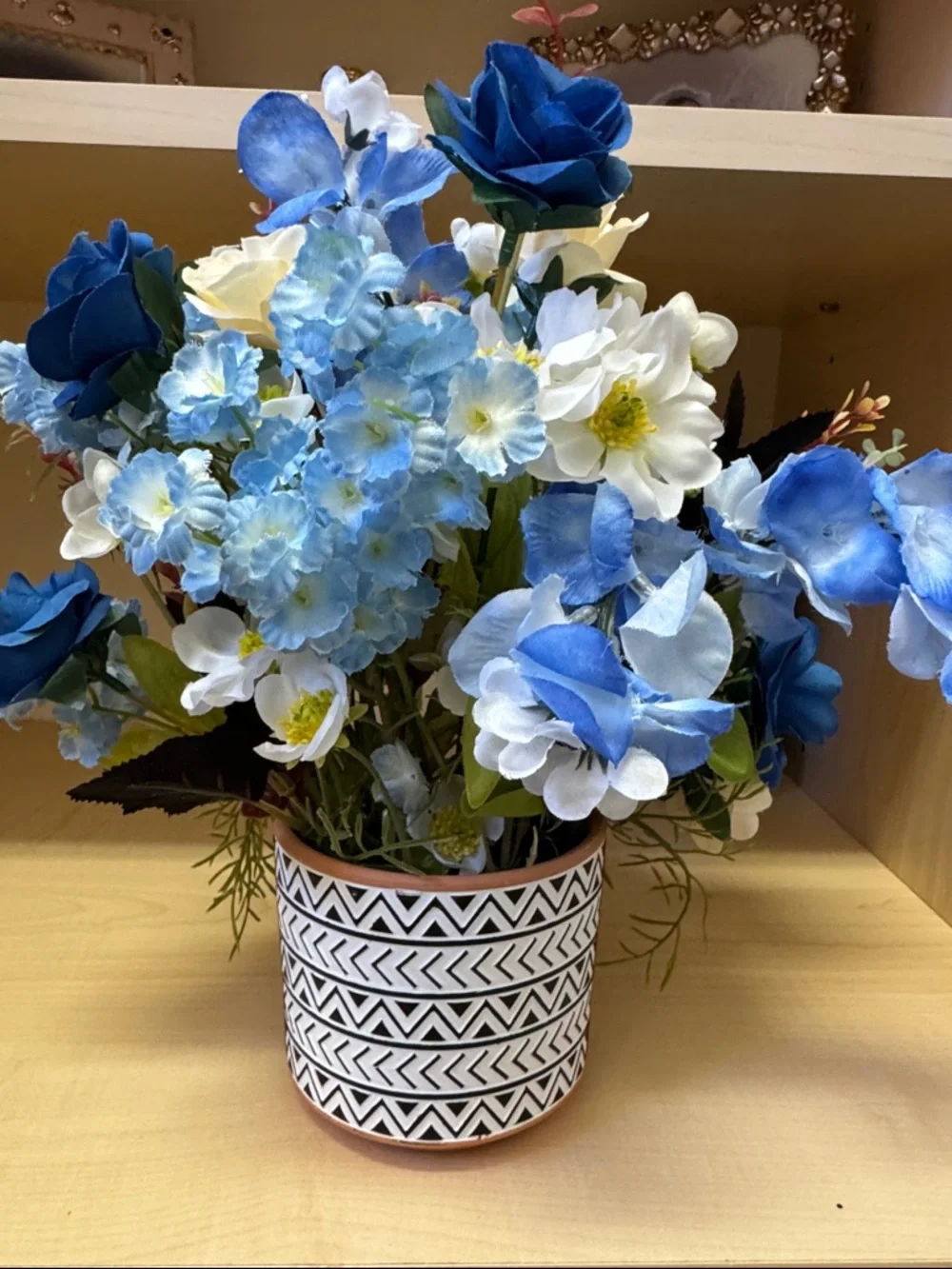 Blue and White Faux Floral in Geometric Pot